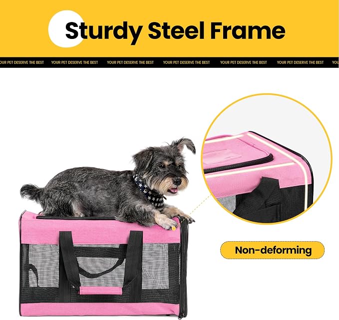 Conlun Cat Carrier Airline Approved, Soft-Sided Dog Carrier with Inner Safety Leash, Pet Transport Carrier for Small-Medium Cats Puppies up to 15 Lbs, Collapsible Travel Kitten Carrier Bag -Pink M