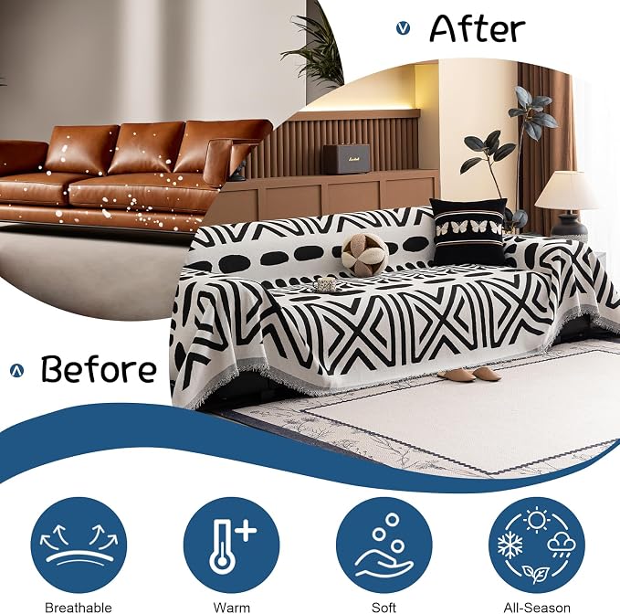 VClife Bohemian Couch Cover Western Aztec Sofa Cover for 2 Cushion Couch Sofa Washable Chenille Sofa Slipcover Boho Non Slip White Black Geometric Couch Slip Cover for Sectional Sofa 71''x118''