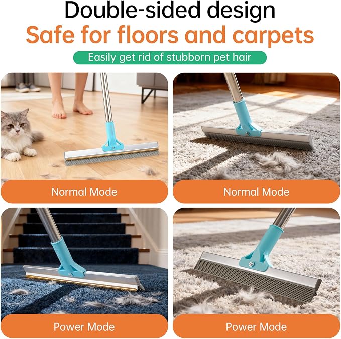 Carpet Rake for Pet Hair Removal Tool, 2 in 1 TPU and Copper Rake Teeth Uproot Clean Hair Remover with 63’’ Adjustable Long Handle,Cat & Dog for Carpets,Rugs, Mats (63’’ Handle)