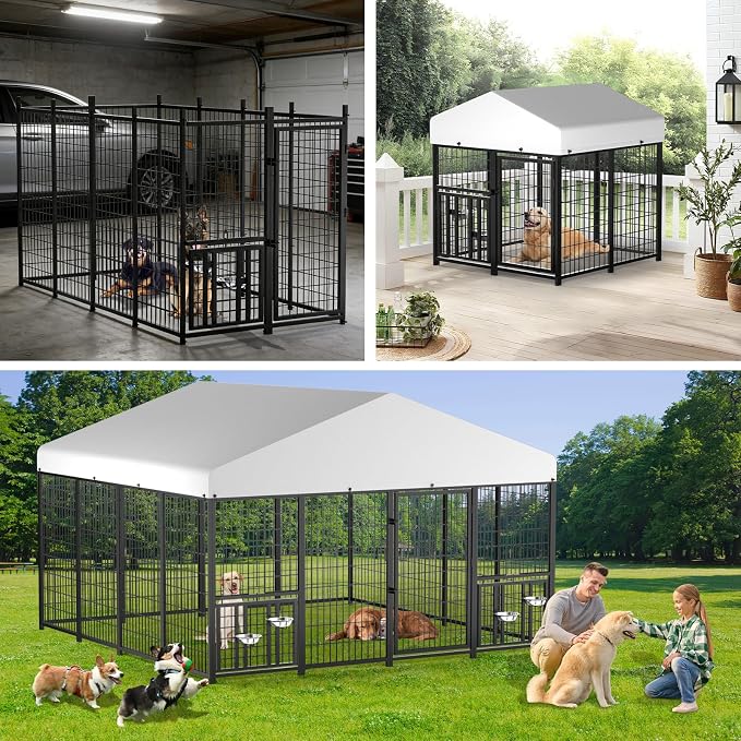 LOVMOR 4' x 4' Outdoor Dog Kennel with Roof for Large Dogs | Heavy duty steel frame, waterproof canopy, double latch door, adjustable feeding bowls for yards and patios