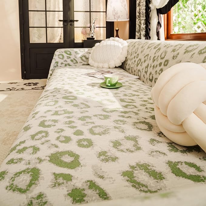 VClife Bohemian Couch Cover, Large Leopard Couch Covers for Dog, Soft Animal Print Furniture Protector for Sofa Bed, 1 Piece Large Couch Cover for 2 Cushion Couch Sofa, Washable, Non-Pilling, Green