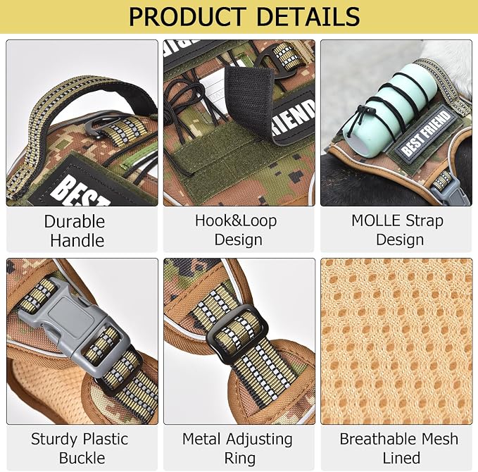 Heavy Duty Dog Harness with Handle, No Pull Adjustable Outdoor Vest with Metal Buckles, MOLLE Panel & Reflective Strips for Medium Large Dogs