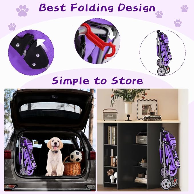 Pet Stroller for Small Medium Dogs & Cats,3-Wheel Breathable Compact Foldable Dog Carrier with Storage Basket, Outdoor Portable Lightweight Travel Stroller for Camping,Purple