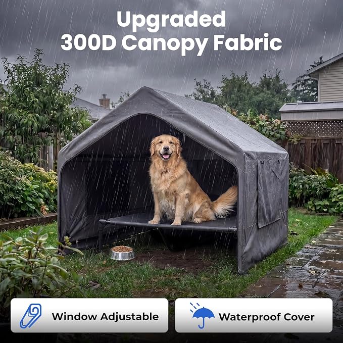 Zooba Extra Large Dog Shade with Elevated Bed, Outdoor Dog House Waterproof | 4’×4’×3.3’ Dog Shelter with Canopy, Dog Tent for Outside, 2-in-1 Separate Design, Grey