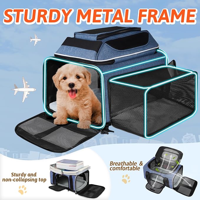 Petskd Top and Side Expandable Pet Carrier 18x13x9.5 Inches Southwest Airline Approved, Soft-Sided Carrier for Small Cats and Dogs with Locking Safety Zippers and Anti-Scratch Mesh(Blue)