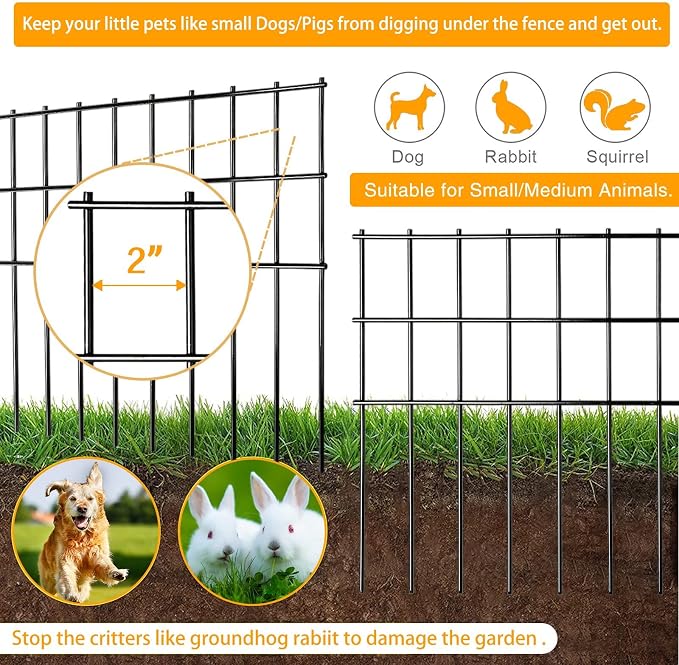 Animal Barrier Fence 25ft(L) x15in(H),10Pack Black No Dig Fence,Anti-Rust Metal Fence for Dog Rabbit,Underground Decorative Garden Fencing, Dog Digging Deterrent for Outdoor Yard Patio