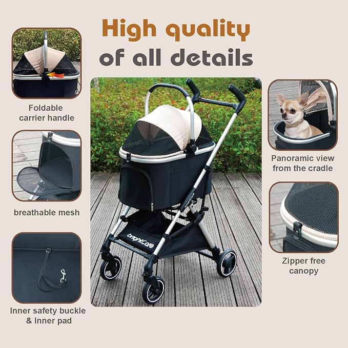 Small Pet Stroller for Dogs & Cats Under 20 lb with Detachable Carrier, Converts to Car Seat, Ultra-Lightweight only 11lb, One Hand Fold