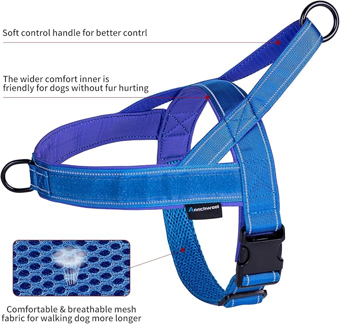 Annchwool No Pull Dog Harness with Soft Padded Handle,Reflective Strip Escape Proof and Quick Fit to Adjust Dog Harness,Easy for Training Walking for Small & Medium and Large Dogs(Blue,L)