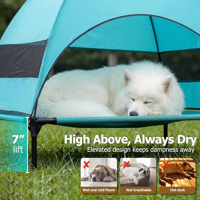 Elevated Dog Bed with UV-Proof Canopy, Outdoor Dog Tent with Powerful Adjustable Feet, Portable Pet Cot with Wider Shade, Raised Cooling Bed for Camping, Patio, Beach, Poolside