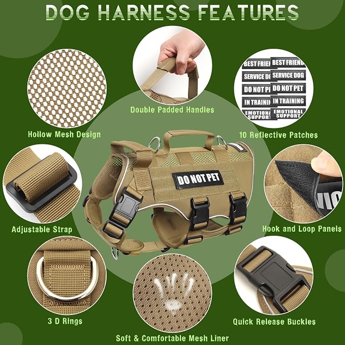 Tactical Molle Vest Mesh Dog Harness with 10 Removale Pet Patches | Breathable Service Dog harness with Double Soft Padded Handle for Large Dog, Reflective Military Pet Vest for Walk Hiking
