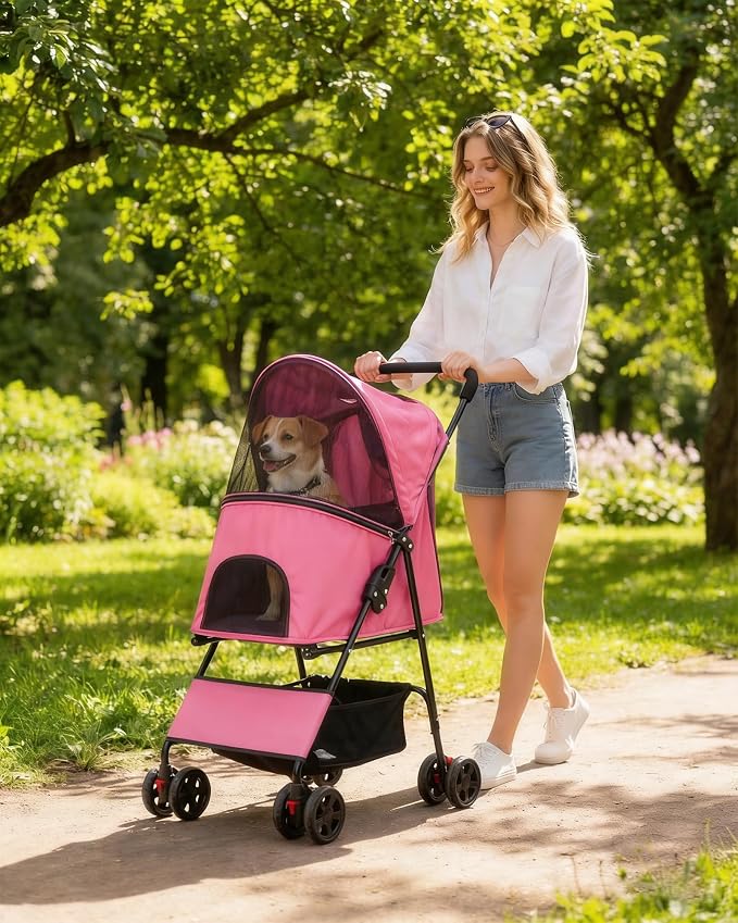 Pet Stroller for Small Medium Dogs Cats - Lightweight Foldable Dog Stroller | 33lbs, 4 Wheels All Terrain Cat Stroller, Breathable Mesh &Safety Tether, Storage Basket for Outdoor Walks, Pink Dog Stroller