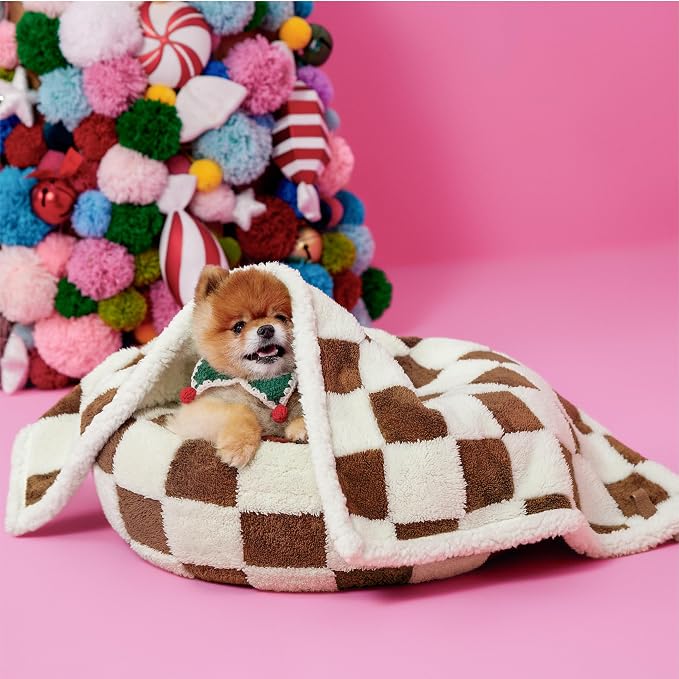 LE SURE Waterproof Dog Blankets for Small Dogs Cute Cozy 3D Jacquard,25x35 | Puppy Blanket for Cat Aesthetic Gift, Warm Soft Sherpa Throw Washable, Reversible Pet Couch Protector, Brown Checks