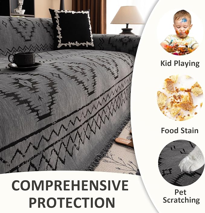 VClife Couch Cover Bohemian Tribal Sofa Cover Washable Sofa Protector, Non Slip Dark Gray Couch Covers for 2 Cushion Couch Sofa Thick Soft Chenille Sofa Slipcover 71"X118"