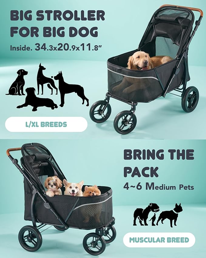 Zoosky Pet Stroller for Large Dogs up to 110lbs, Large Pet Stroller for Multiple Pets, All-Terrain with Adjustable Handle & Mesh Dual-Window, 1680D Waterproof Oxford Fiber