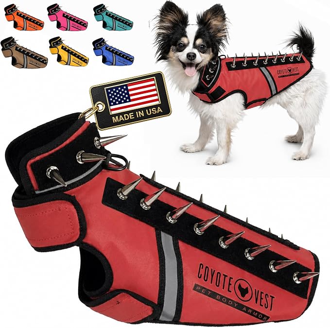 CoyoteVest SpikeVest Dog Harness, Made in the USA, XS-Red | Stab-Resistant Protective Vest | Coyote Vest for Dogs | Defends Against Coyotes, Dogs, Birds of Prey | Reflective Safety