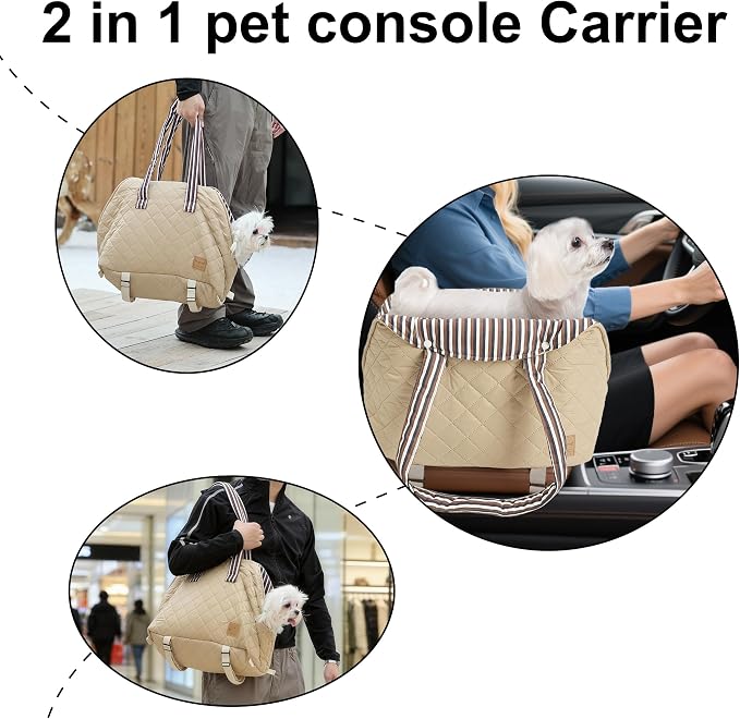 Small Dogs Under 12 lbs Adjustable Portable Center Console Car Seat, Built-in Bubble wrap, Fits Most Cars & SUVs with Convenient Handbag Functionality, Stylish Travel Pet Bag (Beige)
