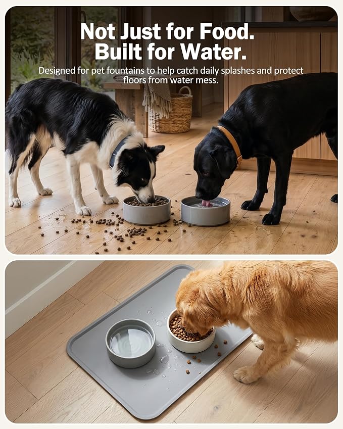 Dog Water Fountain Splash Mat, Waterproof Silicone Pet Feeding Mat, Non-Slip Floor Protector for Dog Water Bowl Dispenser & Cat Fountain, Raised Edge, Easy to Clean
