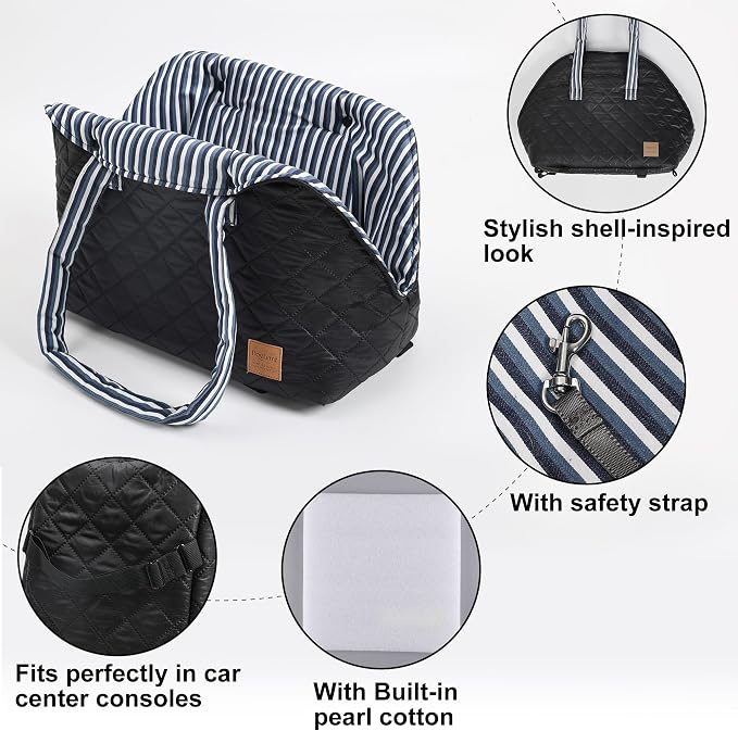 Small Dogs Under 12 lbs Adjustable Portable Center Console Car Seat, Built-in Bubble wrap, Fits Most Cars & SUVs with Convenient Handbag Functionality, Stylish Travel Pet Bag (Black)