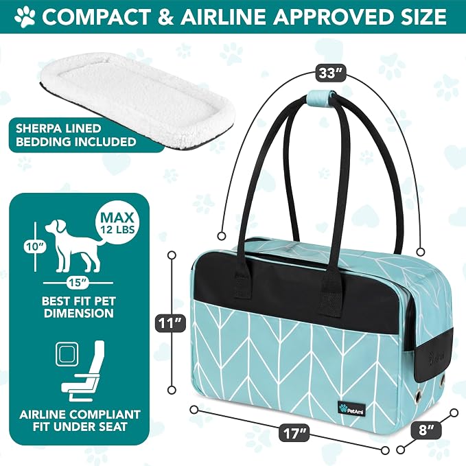 PetAmi Dog Purse Carrier for Small Dogs Cats, TSA Airline Approved Soft-Sided Pet Carrier with Pockets, Ventilated Travel Tote Bag with Bed & Shoulder Strap, Puppy Kitten, Max 12 lbs, Chevron Teal