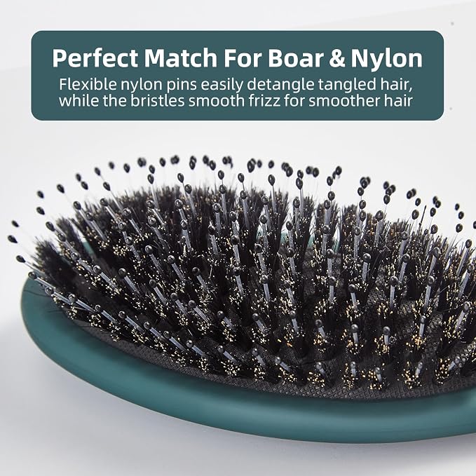 Boar Bristles Hair Brush for Women and Men, Detangling Hair Brush for Smoothing Massage Add Shine, Nylon&Boar Bristles Detangler brush for Hair Healthy (1 Pack-Green)