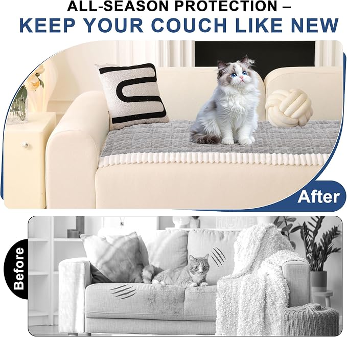 OTOB Couch Covers for Sofa Pet Friendly, Washable & Non Slip Fuzzy Dog Couch Cover Love Seat Sofa Slipcovers Cushion Mat, Cozy Soft All Seasons Plush Furniture Protector (Light Gray, 27.6" x 59.1")