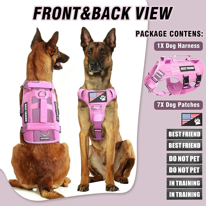 Air Mesh Tactical Dog Harness with Metal Buckles&MOLLE,Pink XL | Breathable Adjustable No Pull Service Dog Vest with 3 Padded Handles,Military Dog Harness for Training Hiking Hunting Working