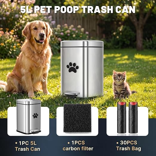 Small Dog Poop Trash Can Outside with Odor Control Lid, 5L/1.3Gal Metal Step Pedal Waste Bin & Removable Inner Bucket, Includes 30 Trash Can Bags, Indoor/Outdoor/Yard Dog Waste Trash Can (Silver)