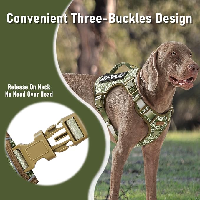 Heavy Duty No Pull Tactical Dog Harness for Large Dogs, Labrador Golden Retriever German Shepherd, Adjustable Soft Padded Dog Vest, Breathable Pet Oxford Vest with Easy Control Handle, Green Ethnic L