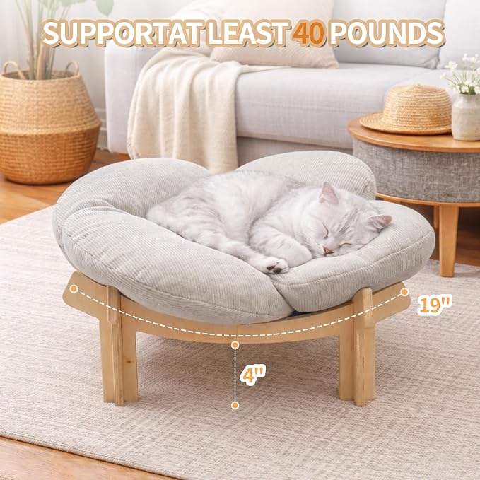 Elevated Wooden Cat Bed with Fluffy Removable Cushion, Modern Petal Shaped Cat Couch Sofa for Indoor Cats Small Dogs 40lbs Capacity Easy to Assemble (White)