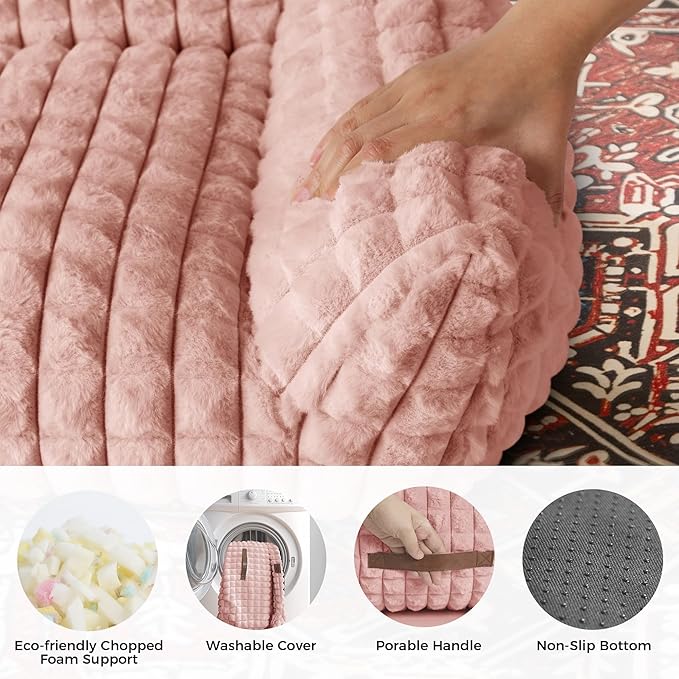 Cute Small & Medium Dog Couch Bed – Supportive & Fluffy Pet Sofa with Faux Rabbit Fur Washable Cover in 3D Diamond Pattern, 36" Pink