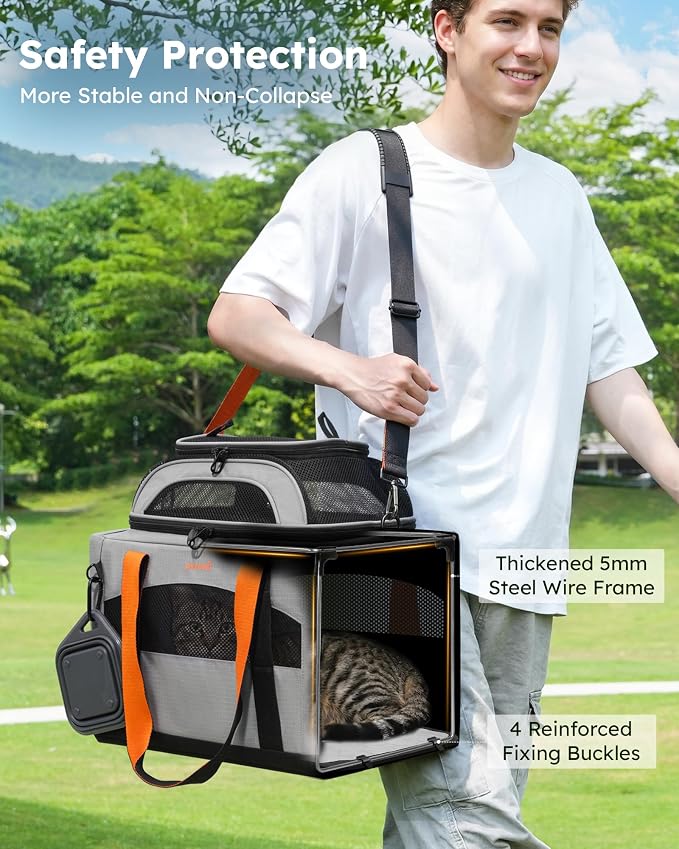 Pecute Top Expandable Cat Carrier Sturdy Pet Bag with 5mm Anti-Collapse Steel Frame, Soft Dog Carrier for Car Travel Vet Visits Outdoor Hammock,Foldable Travel Crate with Leakproof Pee Pad & Bowl,Gray