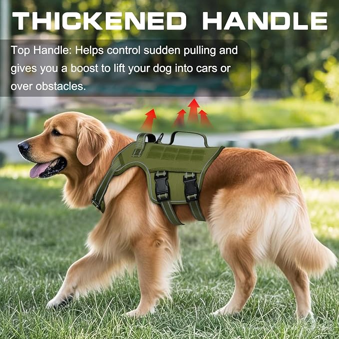 Dog Harness Medium Sized Dog, No Pull Dog Vest with Molle System | Tactical, Easy Control With Handle, Breathable Soft Padded, Adjustable, Reflective, No Choke for Walking, Green Medium