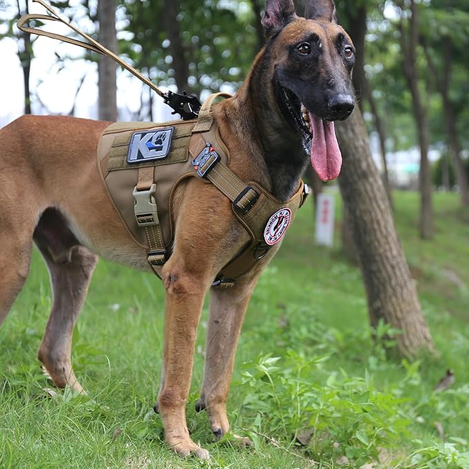 ICEFANG Tactical Dog Harness for Large Dogs,Reflective No Pull Dog Vest | with Control Handle,Adjustable,Front Hook,2 Leash Clips,Soft Padded,MOLLE Panel,Brown,Large