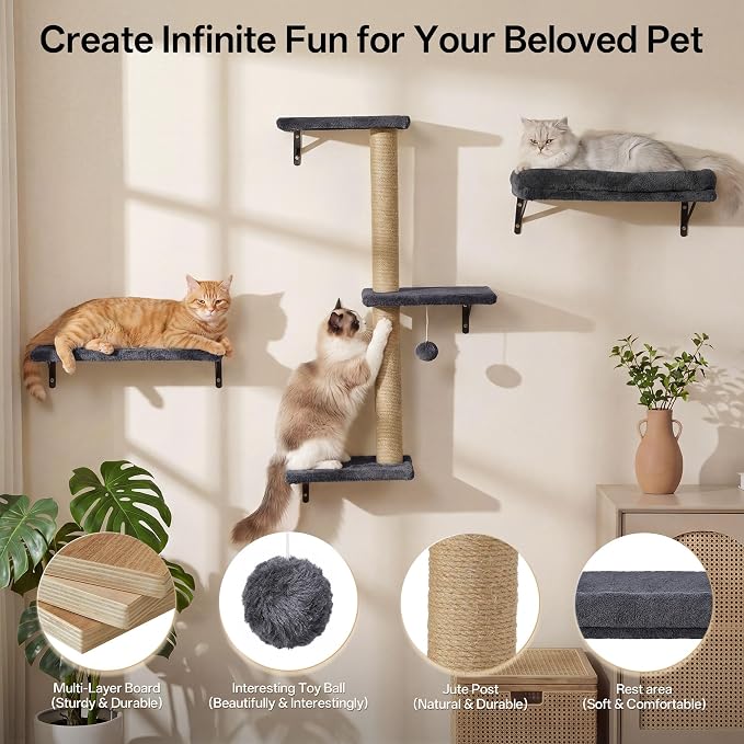 MEWANG 5-in-1 Cat Wall Shelves: Cat Climbing Furniture with Wall Mounted Perch & Lounge for Indoor Cats, Space-Saving Wall Pet Shelves for Play & Rest - Grey