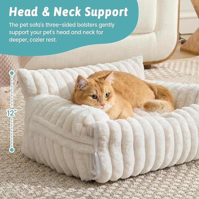 COZY KISS Cute Cat Bed with Removable Cover, Multifunctional Plush Faux Fur Pet Couch Bed with Blanket, Ultra-Soft Pet Furniture for Cats & Small Dogs (Cream, M: 32''x24'')