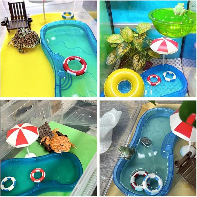 Tree Frog Tank Accessories - Novelty Pool Theme Set Turtle Habitat Decoration Reptile Water Food Bowl for Amphibian Aquatic Frog Toad Lizard Leopard Gecko Hermit Crabs Snake Spider Scorpion (Pool Set)