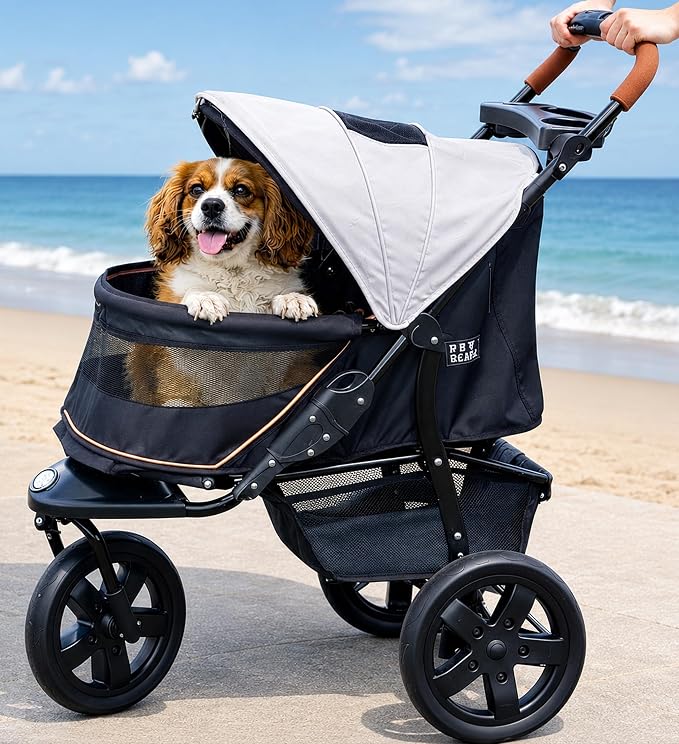 Pet Gear No-Zip AT3 Pet Stroller for Cats/Dogs, Light Sand | Zipperless Entry, Easy One-Hand Fold, Jogging Tires, Removable Liner, Cup Holder + Storage Basket