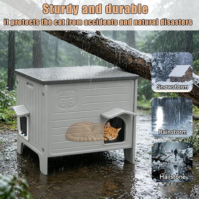 Plastic Cat House with Insulated Liner for Winter, Waterproof | with Escape Door, Outdoor Cat House for Feral Cats, Outside Cat Shelter for Small Pet, Assemble Easily