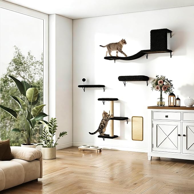 5 Pcs Wall-Mounted Climber Set, Wood Indoor with Shelves and Perches, Ladder, Condo House, Scratching Board and Tree, Wall Shelves Furniture for Cats (Black)