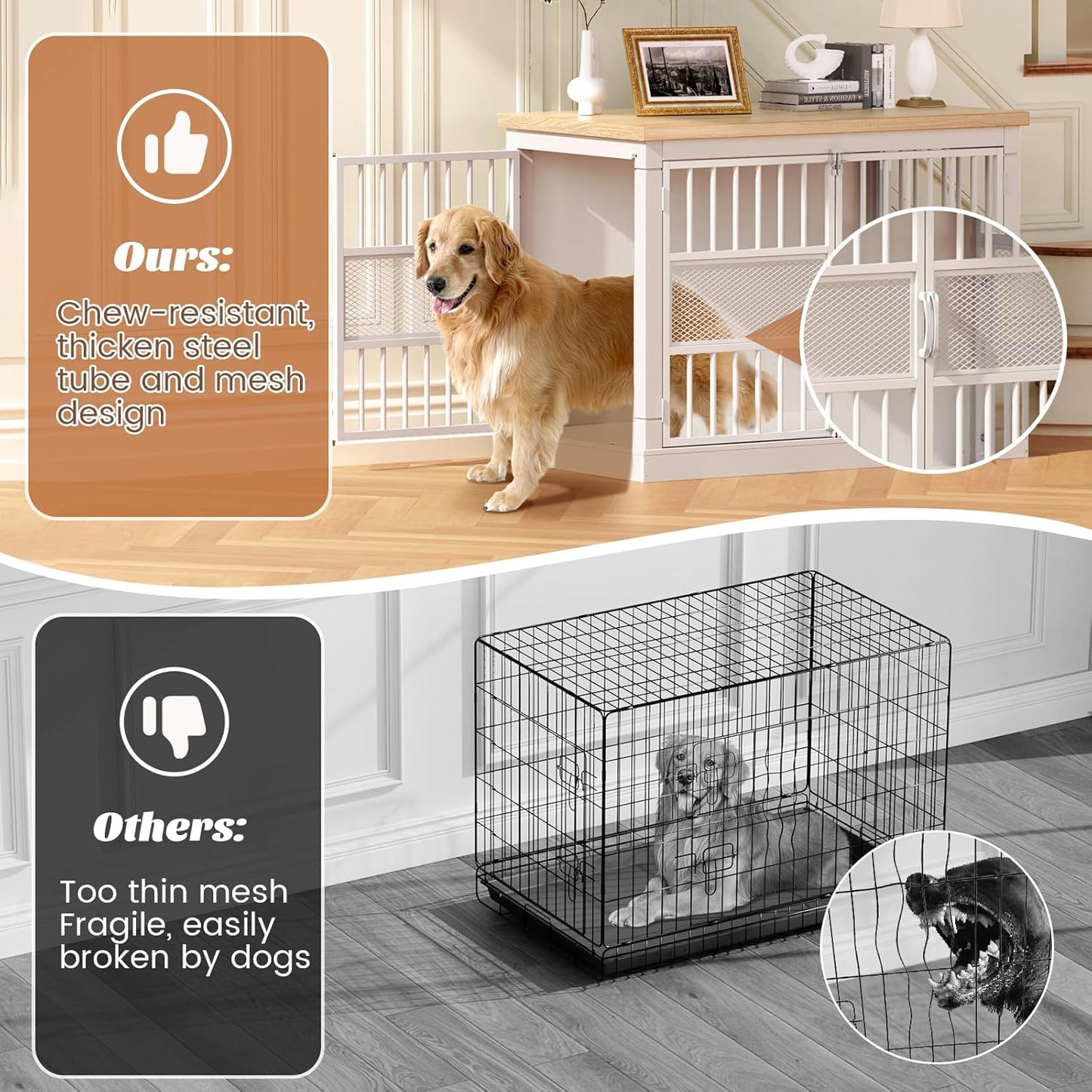 VOPEAK 40" Dog Crate Furniture, Chew Resistant Large Dog Crate for Medium Large Dogs, Heavy Duty Dog Crates Dog Kennel Cage Indoor with Double Doors, Wooden End Table for Bedroom Living Room