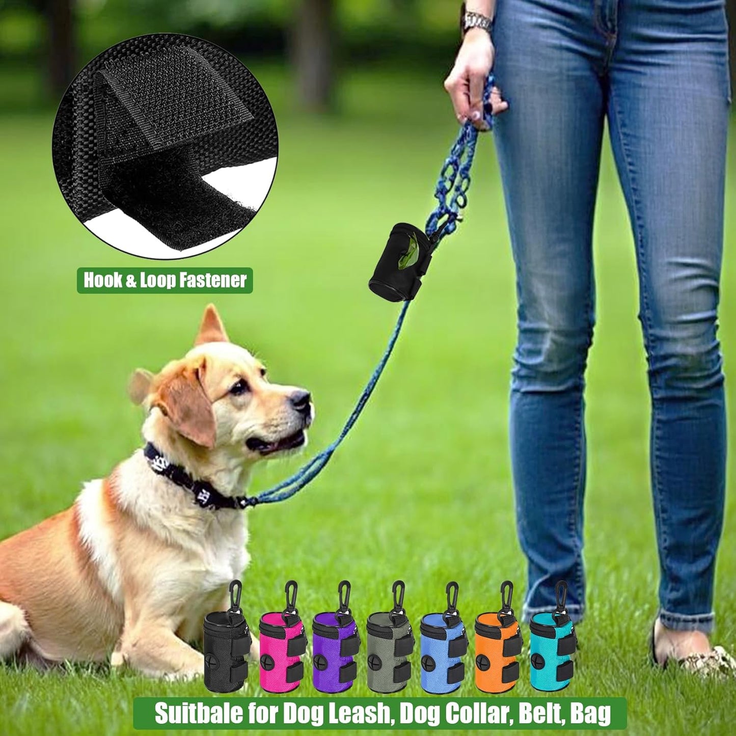 Dog Poop Bag Holder for Leash Attachment - Waste Bag Dispenser for Leash - Fits Any Dog Leash - Portable Set with Hand Free Holder Metal Carrier, Round Shape, Purple