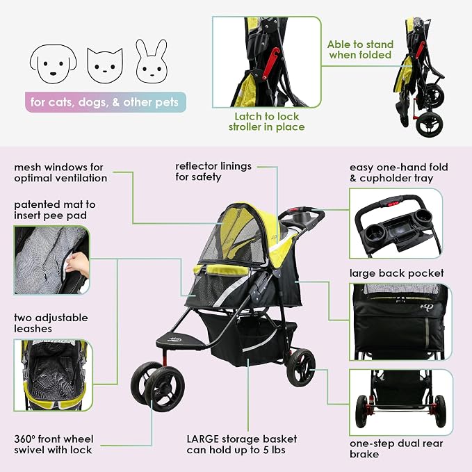 Petique Revolutionary Durable Pet Stroller, Easy Fold, Quality mesh Windows, Large Storage Basket, Secure Cup Holder Tray, Small/Medium Dogs, Cats and Pets, Supports up to 55LBS - Sunshine (Yellow)