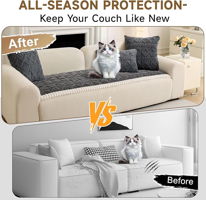 OTOB Sofa Covers for 3 Cushion Couch Washable, All Seasons Non Slip Fuzzy Pet Couch Cover, Soft Plush Geometric Jacquard Sofa Slipcovers, Kids Pet Friendly Dog Bed Mats (Dark Gray, 27.6" x 70.9")