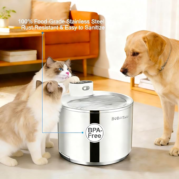 135oz/4L Stainless Steel Cat Water Fountain - Ultra-Quiet Automatic Pet Drinking Fountain for Cats&Dogs Indoor, Automatic Dog Watering Dispenser Bowl with Watering Level Window and Filter (Silver)