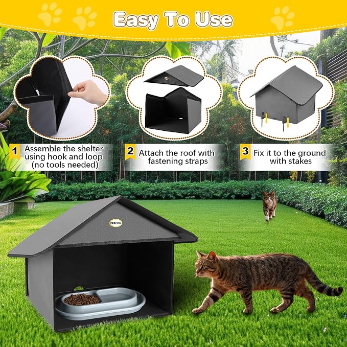Weatherproof Outdoor Cat Feeding Station with 2 Bowls 32oz | Waterproof 3-layer Oxford fabric. Ant-proof bowls with moat. 17x16.5x12.6in. Tool-free assembly in minutes.