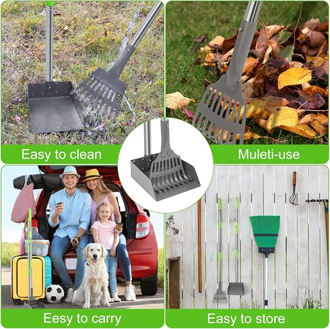 Non-Breakable Pooper Scooper, Dog Pooper Scooper Tray & Rake Set with Adjustable Stainless Steel Long Handle for Large Medium Small Dogs (Green)