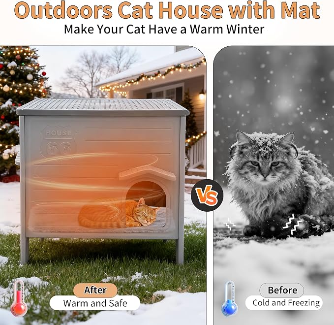 Outdoor Cat House with Insulated Liner for Winter | Waterproof Plastic Cat House for Outside, Cat Shelter for Feral Cats, Assemble Easily