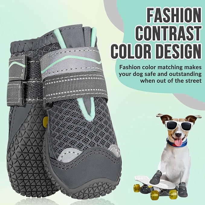 SlowTon Dog Shoes for Large Small Medium Dogs - Breathable Dog Boots for Summer Hot Pavement, Paw Protector for Outdoor Walking Winter Snow, Anti-Slip Rubber Dog Booties for Hardwood Floor (Grey, 4)