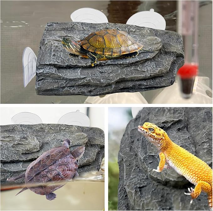 kathson Turtle Basking Platform,Tortoise Tank Rocks with 3 Suction Cups Tortoise Climbing Platform Turtle Habitat Decorations Terrace for Frogs,Terrapins,Juvenile(Grey)