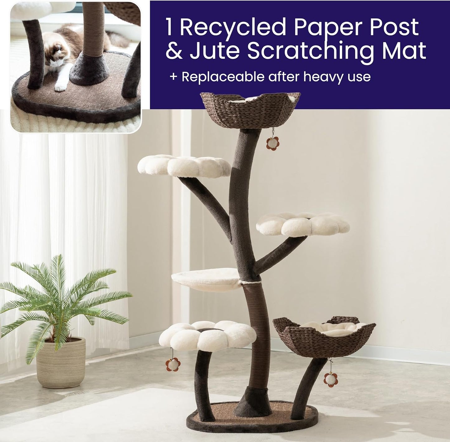 Catry Blossom 59" Flower Cat Tree with Replaceable Flower Perches and Scratching Posts, Handwoven Baskets with Washable Beds, Durable Iron Frame for Large & Multi-Cat Homes